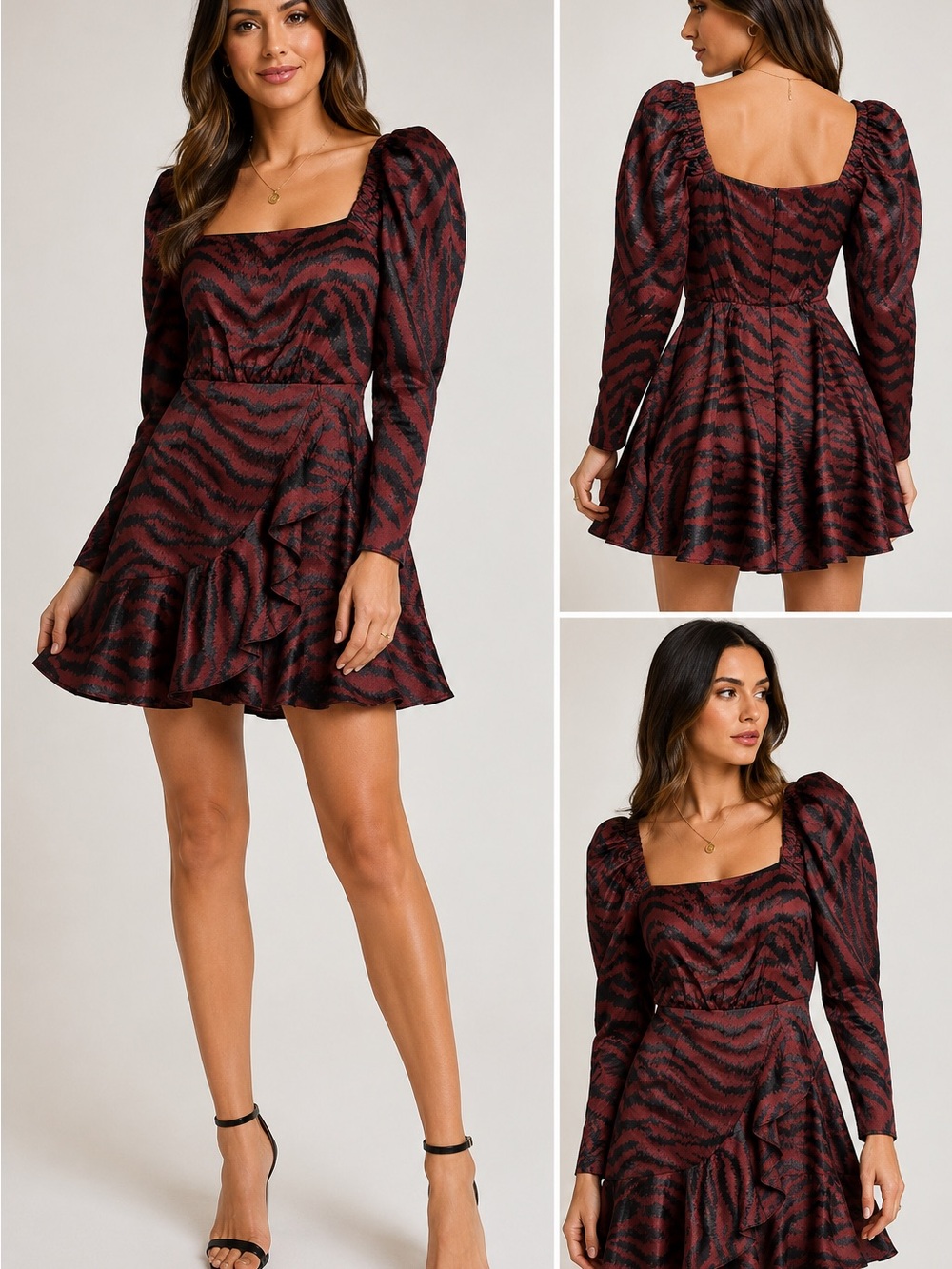 Ted Baker London Burgundy and Black Zebra-Print Ruffle Mini Dress
